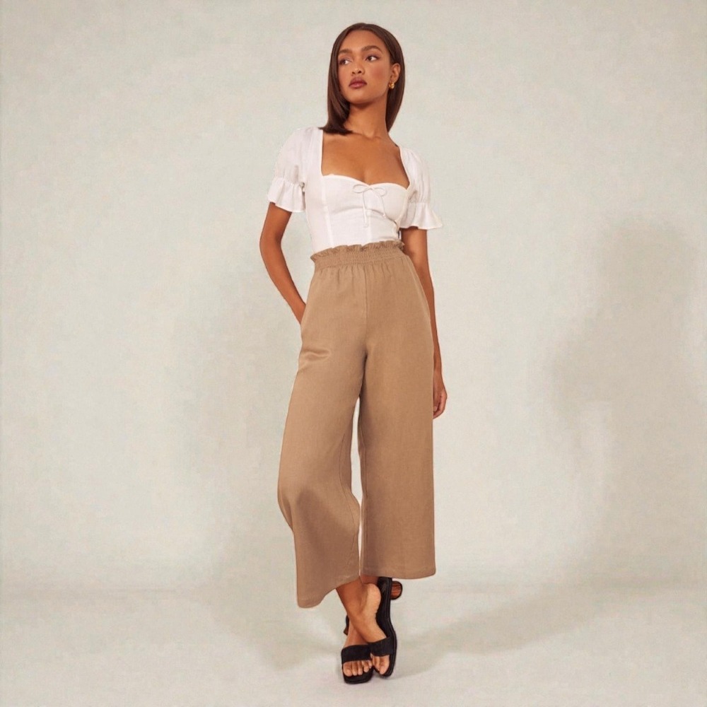 Reformation Calabria Smocked Waist Cropped Linen Wide Leg Pants Sz S - Picture 2 of 7